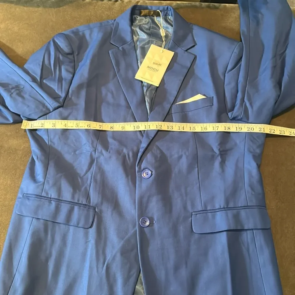 Men’s Mogu Blue 3 Piece Suit TwoButton Notched Lapel Size 40 Jacket 36 Pants NWT